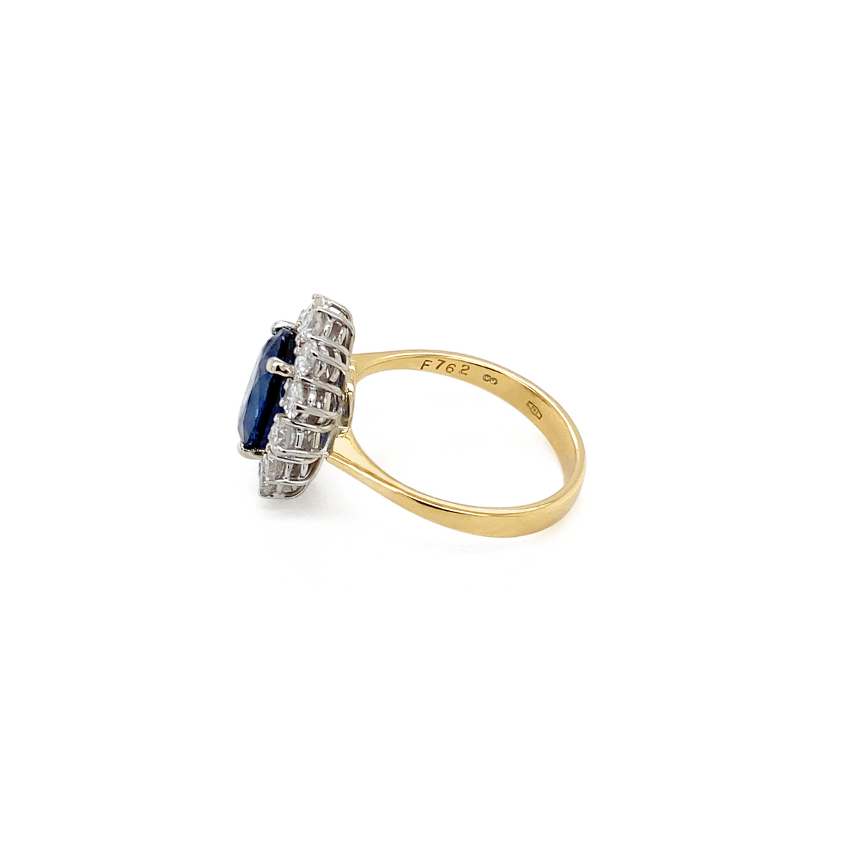 Blue Sapphire and Diamond Halo 18K White and Yellow Gold Cluster Engagement Ring