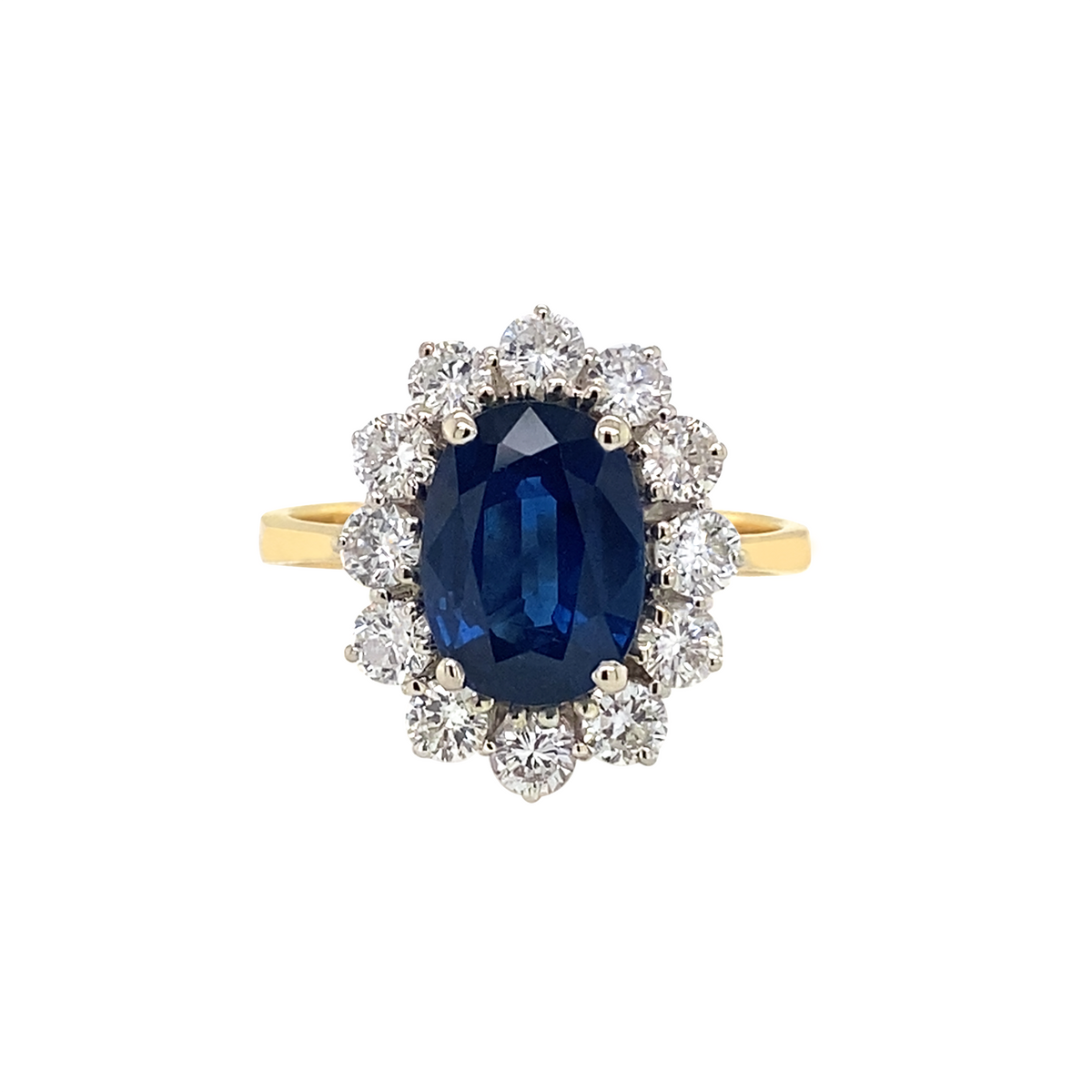 Blue Sapphire and Diamond Halo 18K White and Yellow Gold Cluster Engagement Ring