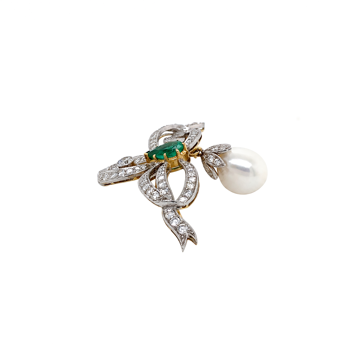 Vintage Diamond, Emerald and Freshwater Pearl Ribbon Bow Brooch in 18 Carat Gold