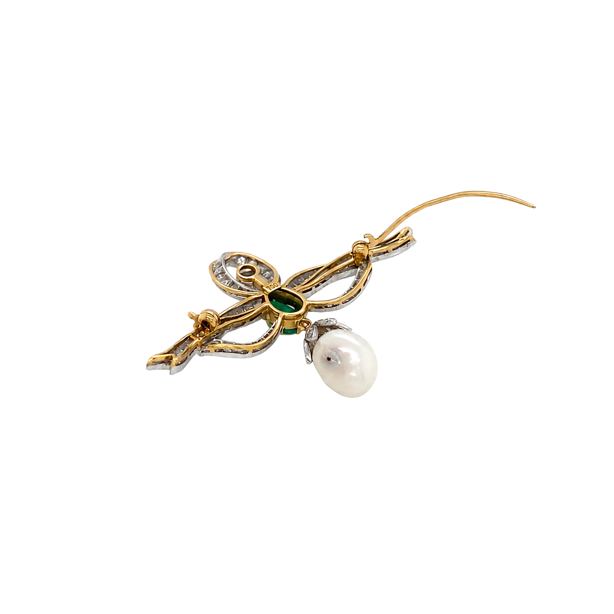 Vintage Diamond, Emerald and Freshwater Pearl Ribbon Bow Brooch in 18 Carat Gold