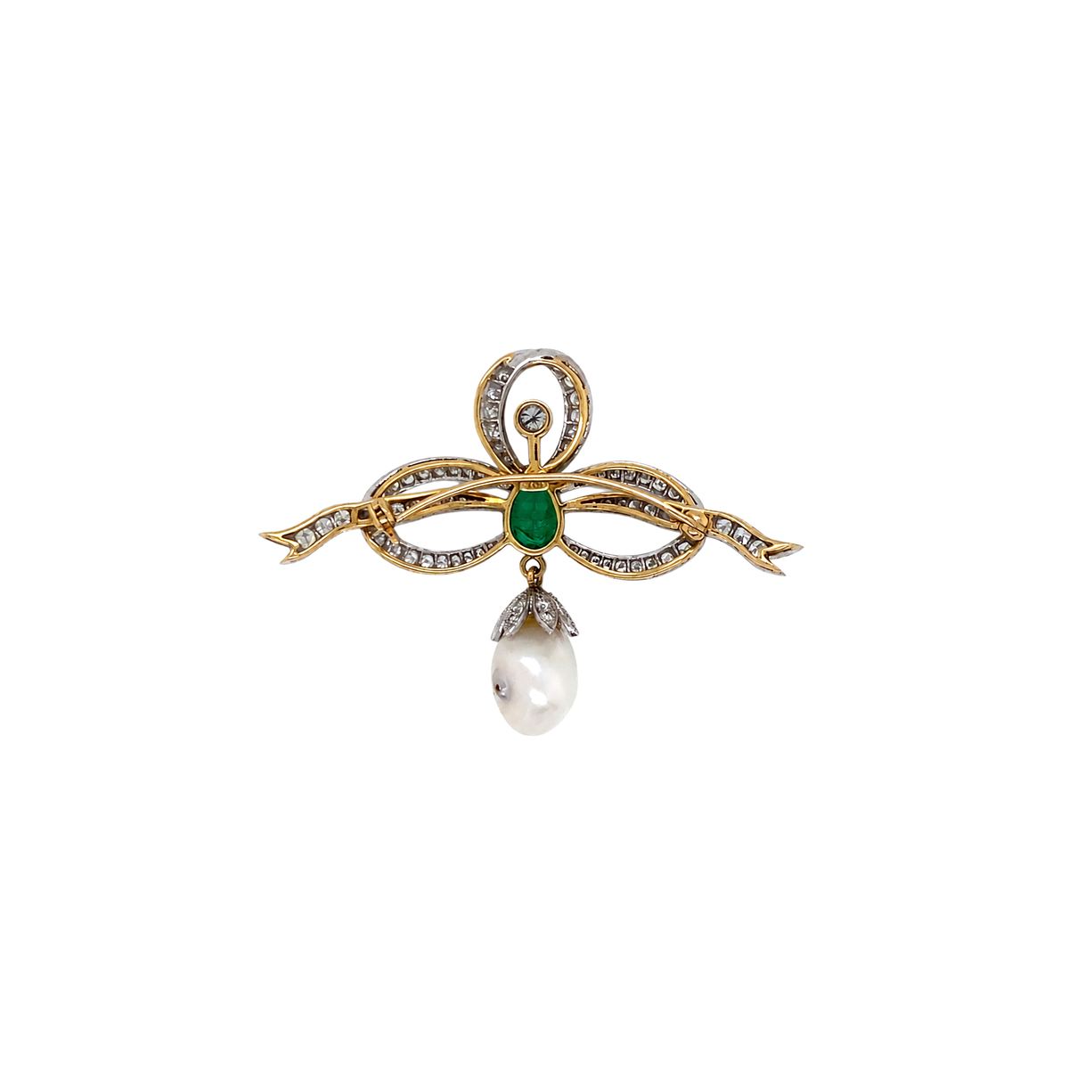 Vintage Diamond, Emerald and Freshwater Pearl Ribbon Bow Brooch in 18 Carat Gold