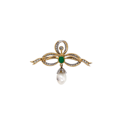 Vintage Diamond, Emerald and Freshwater Pearl Ribbon Bow Brooch in 18 Carat Gold