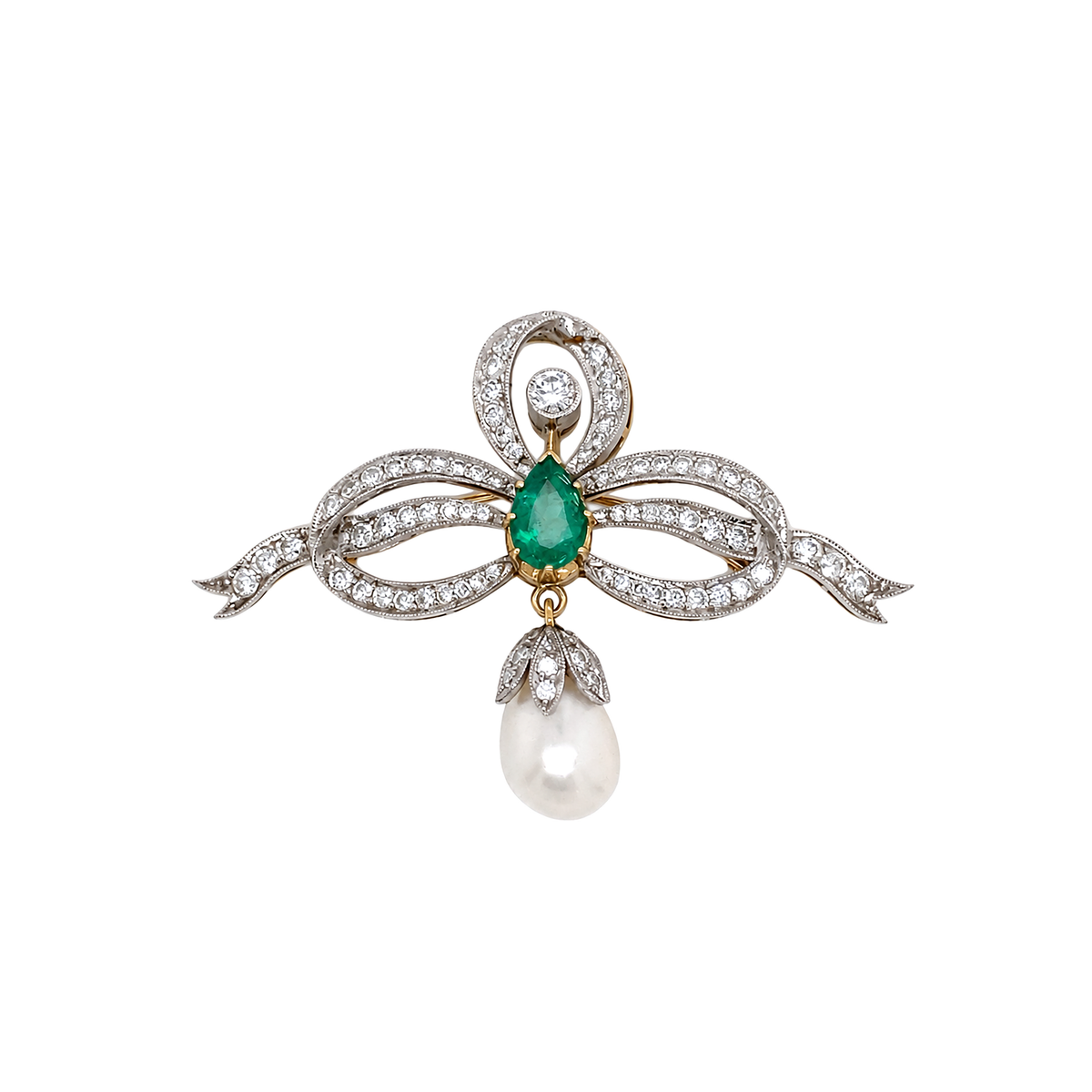 Vintage Diamond, Emerald and Freshwater Pearl Ribbon Bow Brooch in 18 Carat Gold