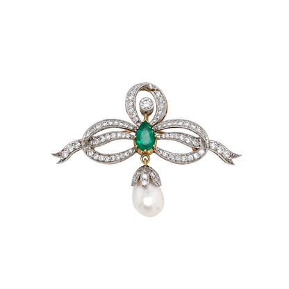 Vintage Diamond, Emerald and Freshwater Pearl Ribbon Bow Brooch in 18 Carat Gold