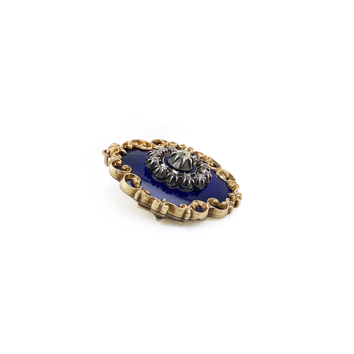 Blue Guilloché Enamel & Old Cut Diamond 15K Yellow Gold Brooch/Pendant, c.1880s