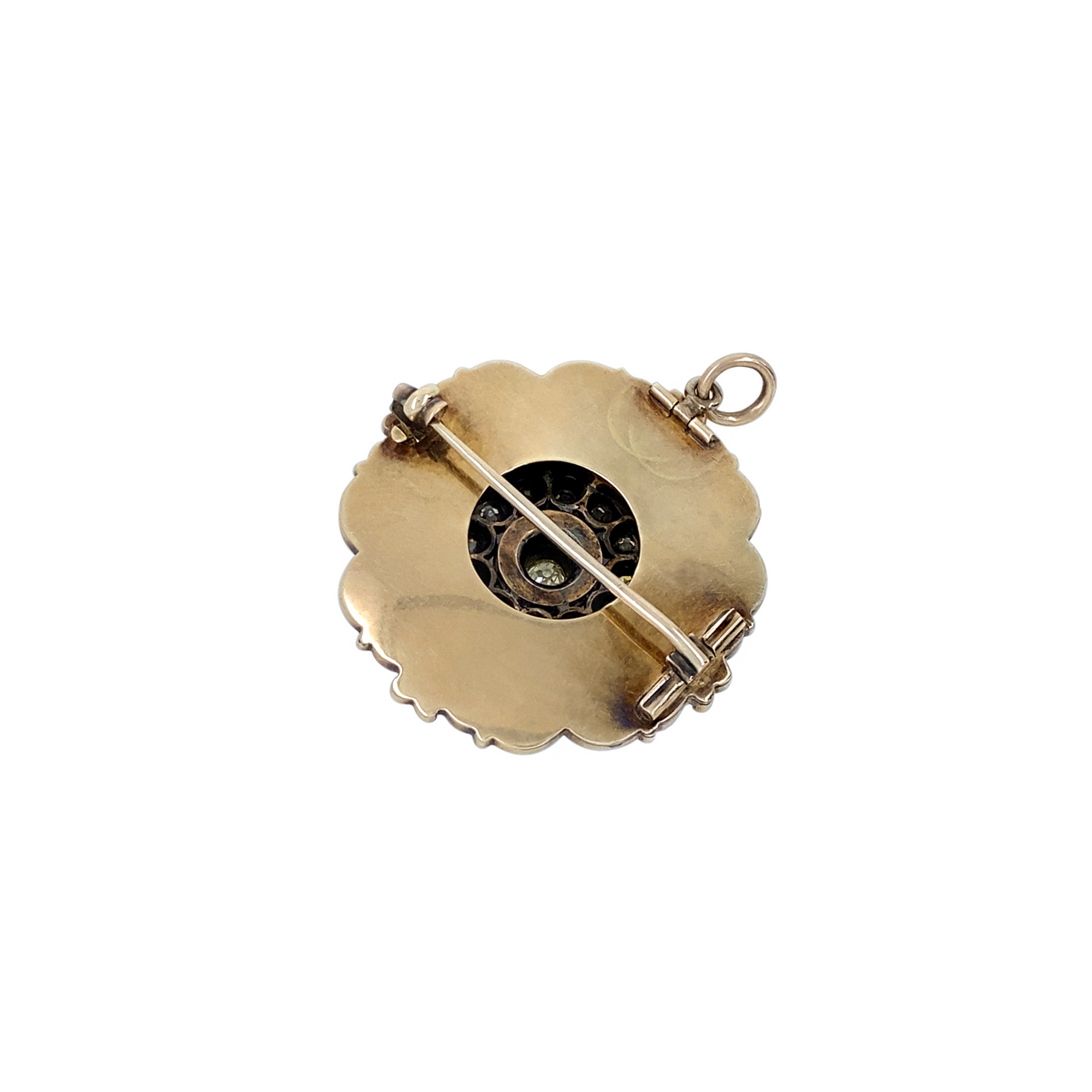 Blue Guilloché Enamel & Old Cut Diamond 15K Yellow Gold Brooch/Pendant, c.1880s