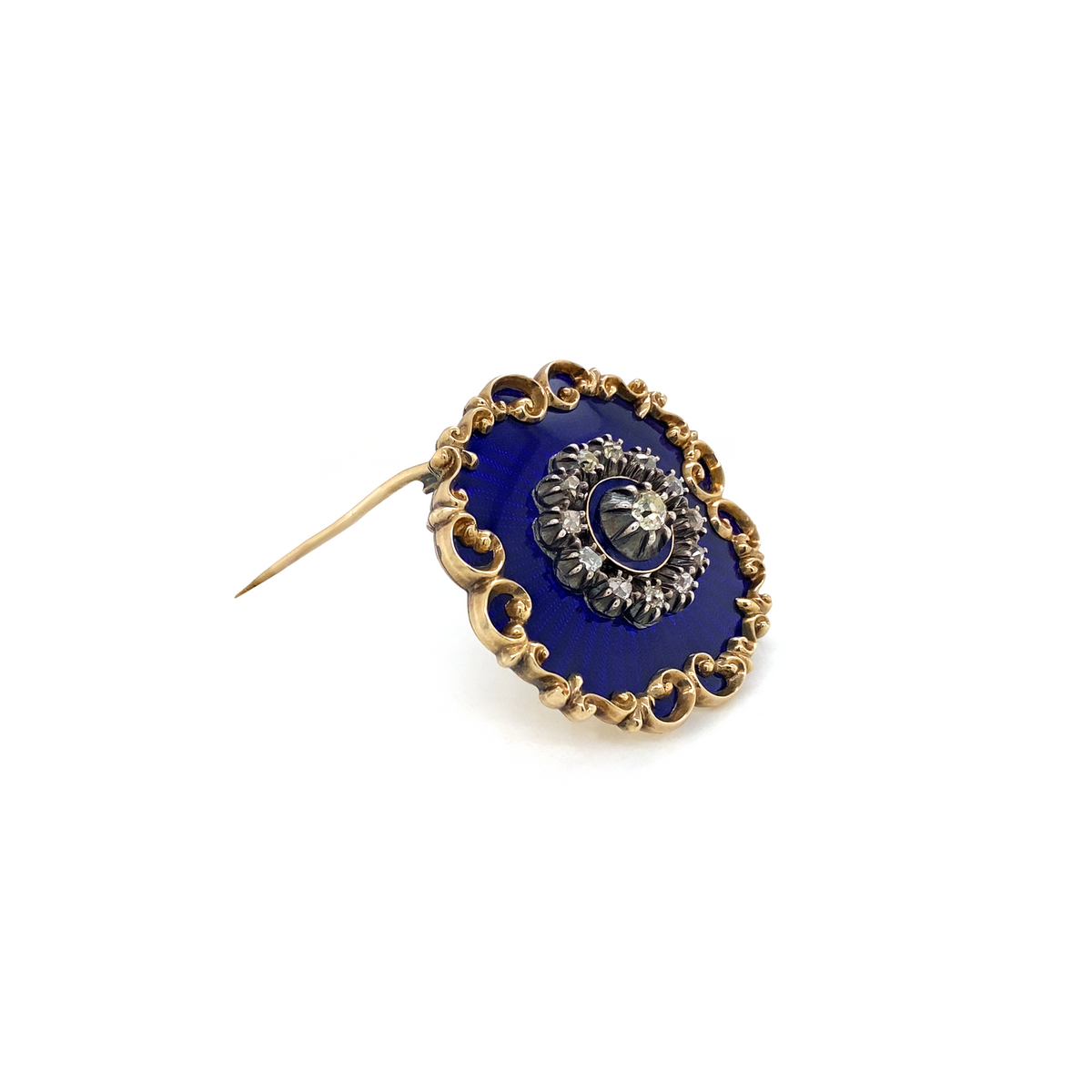 Blue Guilloché Enamel & Old Cut Diamond 15K Yellow Gold Brooch/Pendant, c.1880s