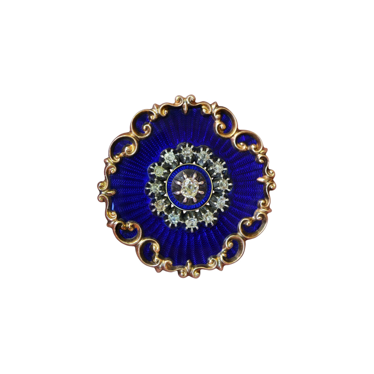 Blue Guilloché Enamel & Old Cut Diamond 15K Yellow Gold Brooch/Pendant, c.1880s