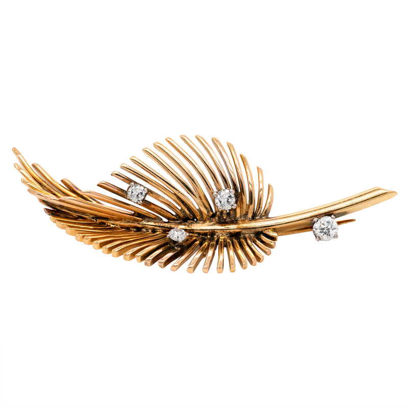 Diamond 18 Carat Yellow Gold Open Work Leaf Brooch