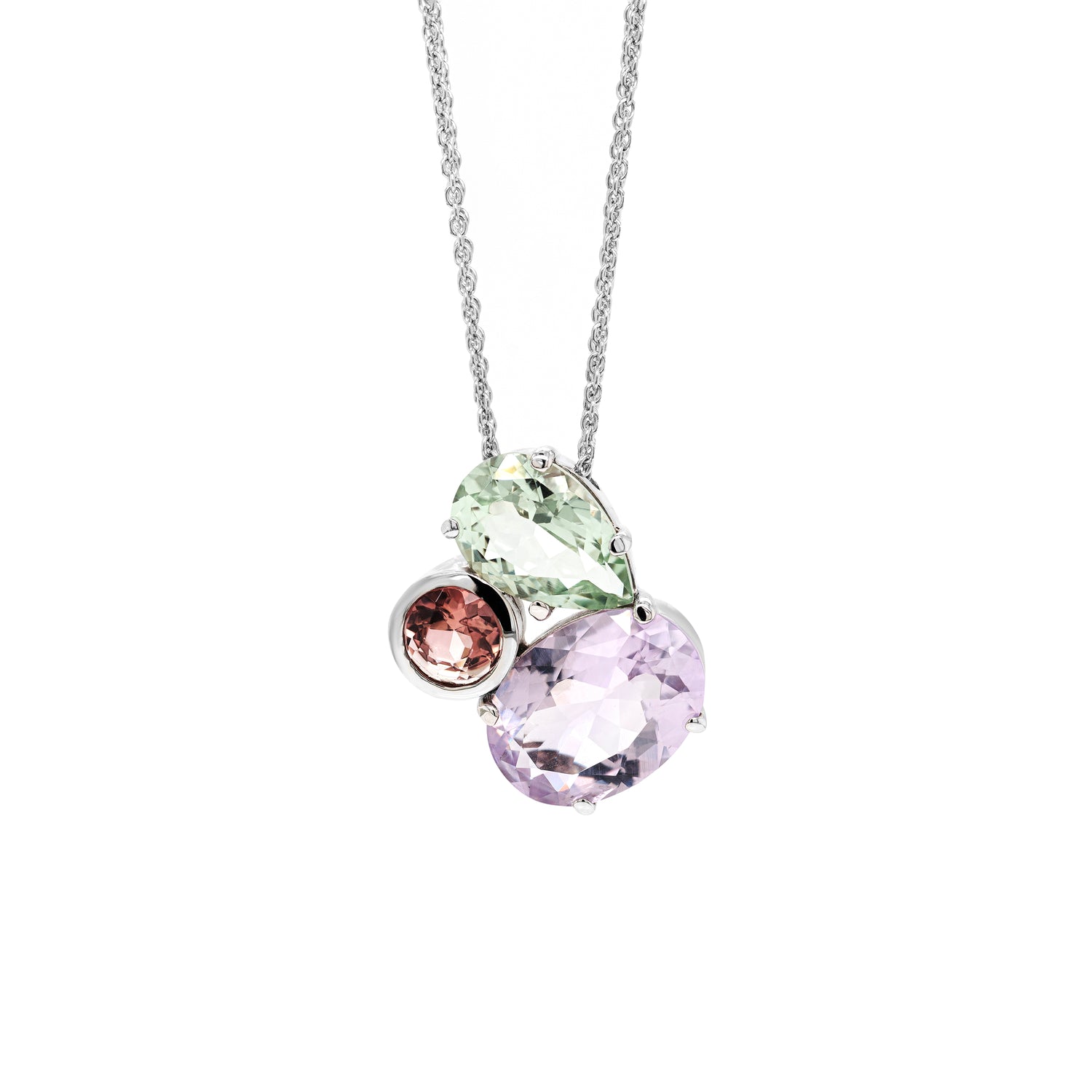 Amethyst and Tourmaline 18 Carat White Gold Earrings and Pendant Necklace Set