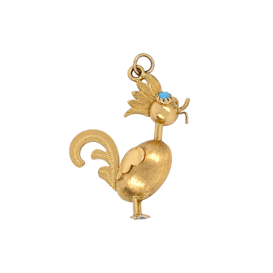 Vintage English Turquoise Cabochon & 18 Carat Yellow Gold Rooster Charm/Pendant