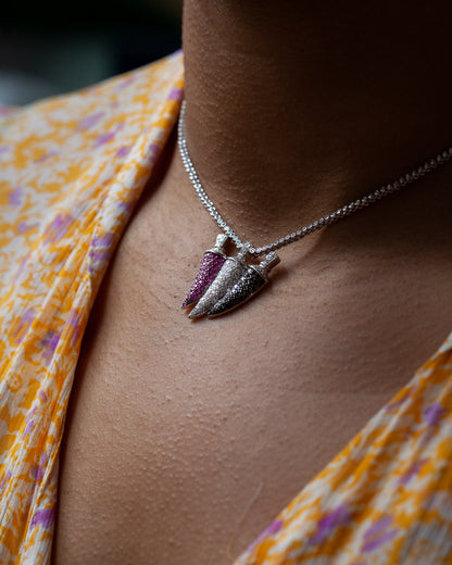 Ruby, Black & White Diamond 18K White Gold Three Horn Pendant and Diamond Chain