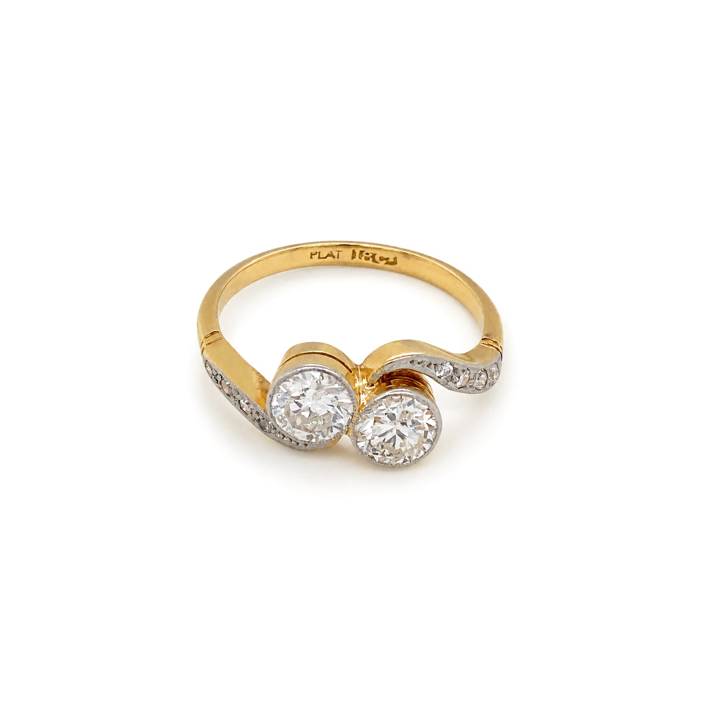 Old Cut Diamond Toi et Moi Crossover Engagement Ring in 18K Gold and Platinum