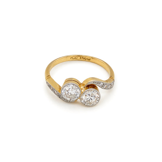 Old Cut Diamond Toi et Moi Crossover Engagement Ring in 18K Gold and Platinum