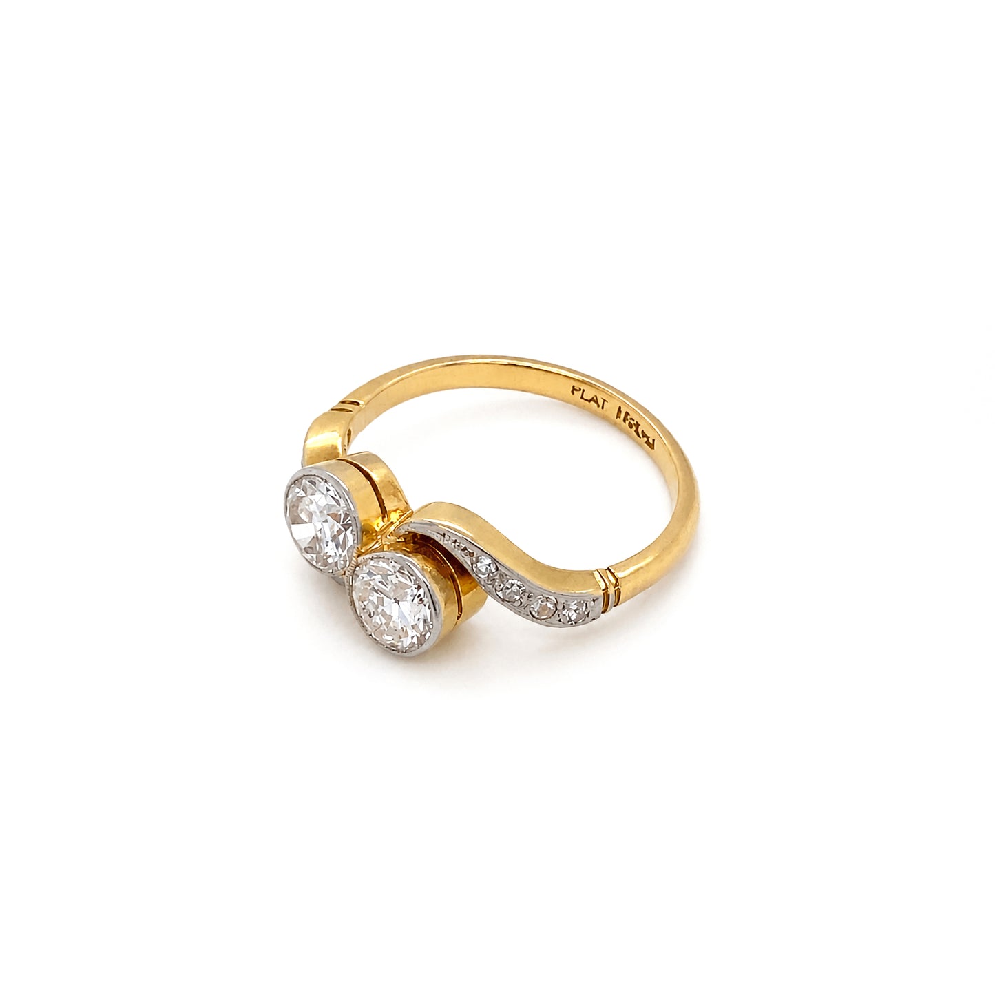Old Cut Diamond Toi et Moi Crossover Engagement Ring in 18K Gold and Platinum