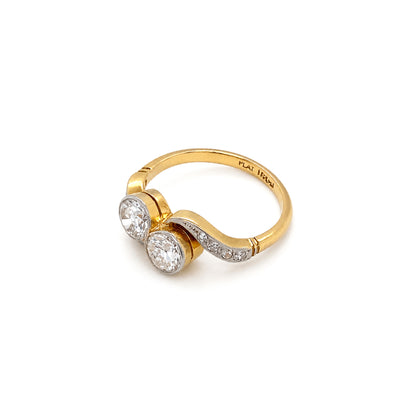 Old Cut Diamond Toi et Moi Crossover Engagement Ring in 18K Gold and Platinum