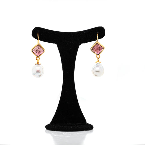 21 Carat South Sea Pearl and Pink Pyramid Cabochon Tourmaline Drop Earrings