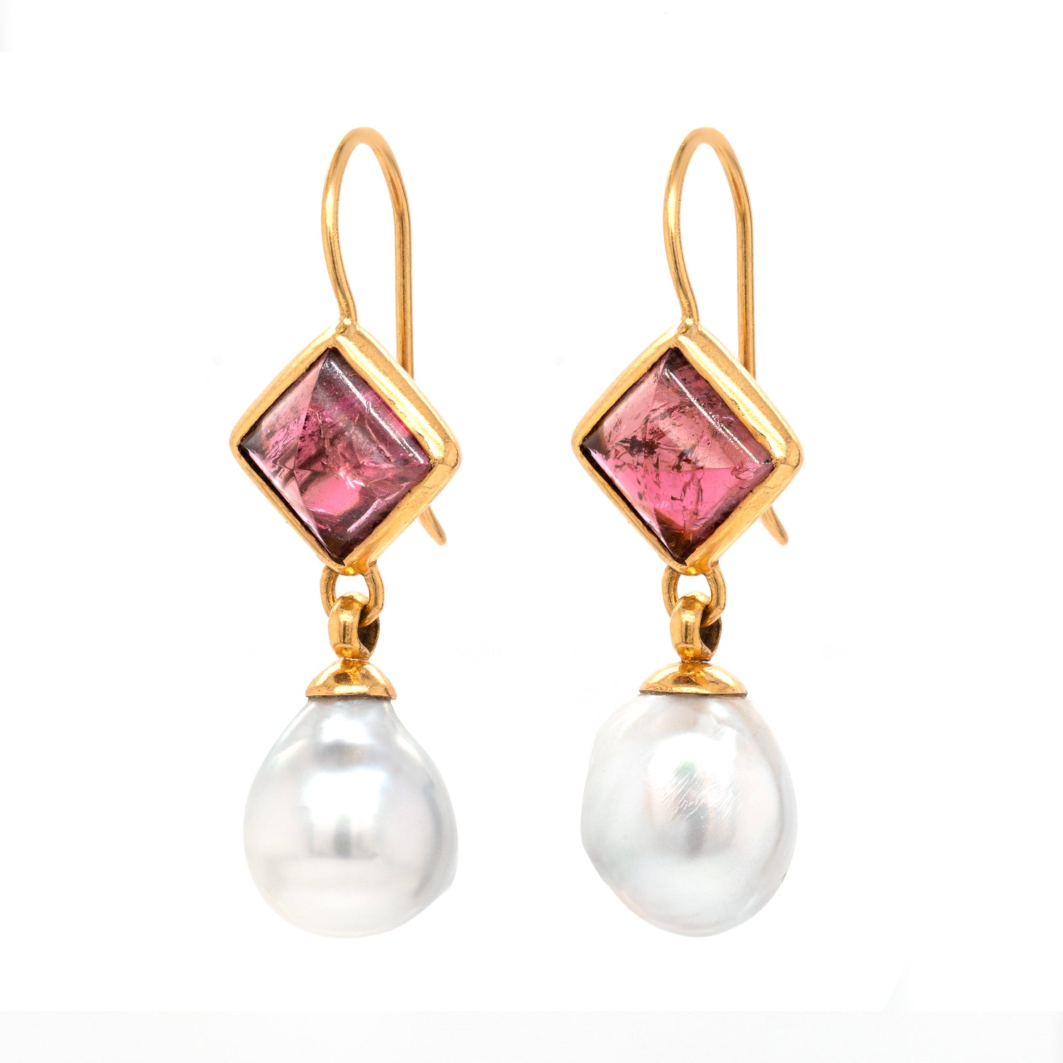 21 Carat South Sea Pearl and Pink Pyramid Cabochon Tourmaline Drop Earrings