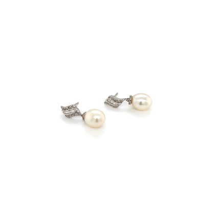 Diamond and Cultured Pearl Drop Earrings in 18 Carat White Gold