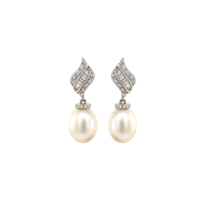 Diamond and Cultured Pearl Drop Earrings in 18 Carat White Gold