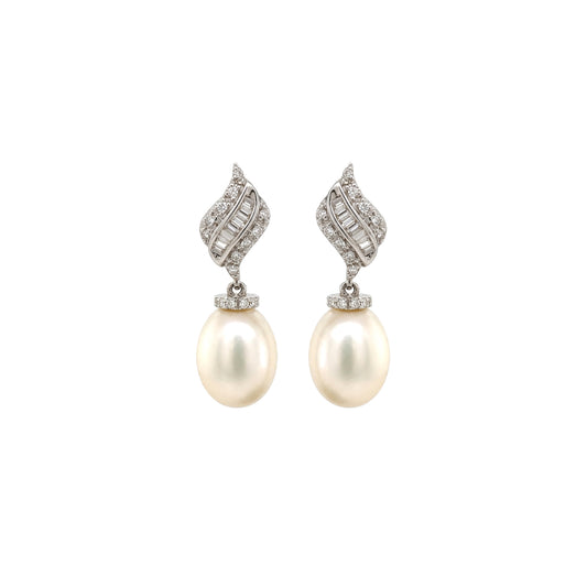 Diamond and Cultured Pearl Drop Earrings in 18 Carat White Gold