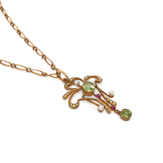Ruby, Peridot & Seed Pearl 15K Gold Lavaliere Style Pendant and 9K Gold Chain