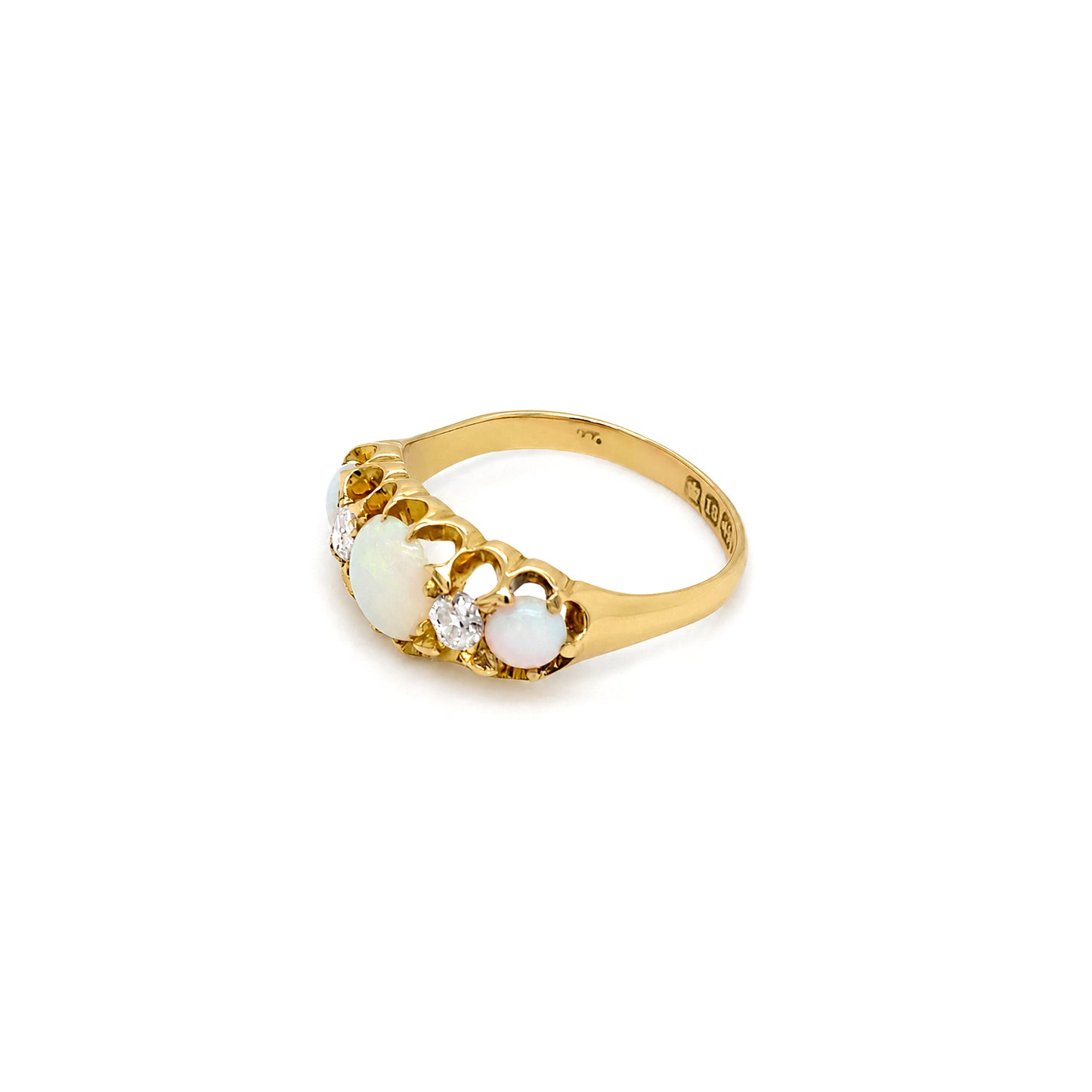 Late Victorian Opal & Old Cut Diamond 18 Carat Yellow Gold Five-Stone Ring, 1899