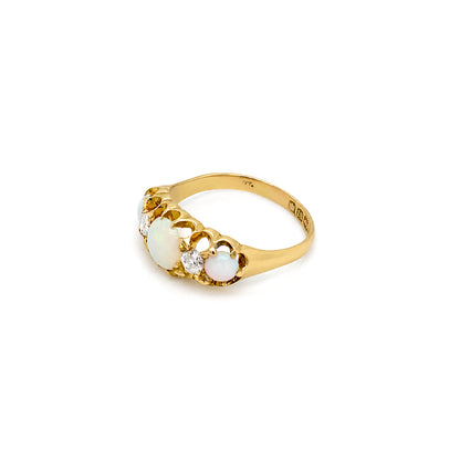 Late Victorian Opal & Old Cut Diamond 18 Carat Yellow Gold Five-Stone Ring, 1899