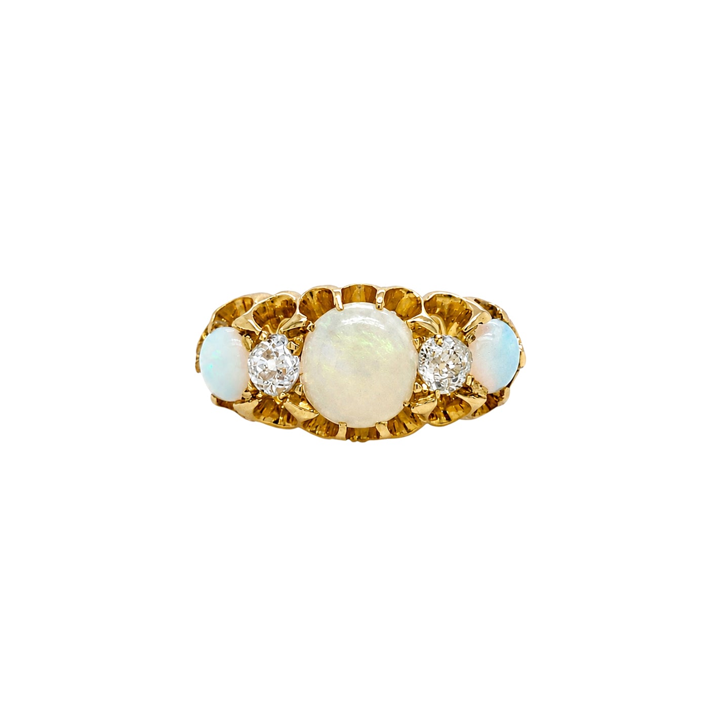 Late Victorian Opal & Old Cut Diamond 18 Carat Yellow Gold Five-Stone Ring, 1899