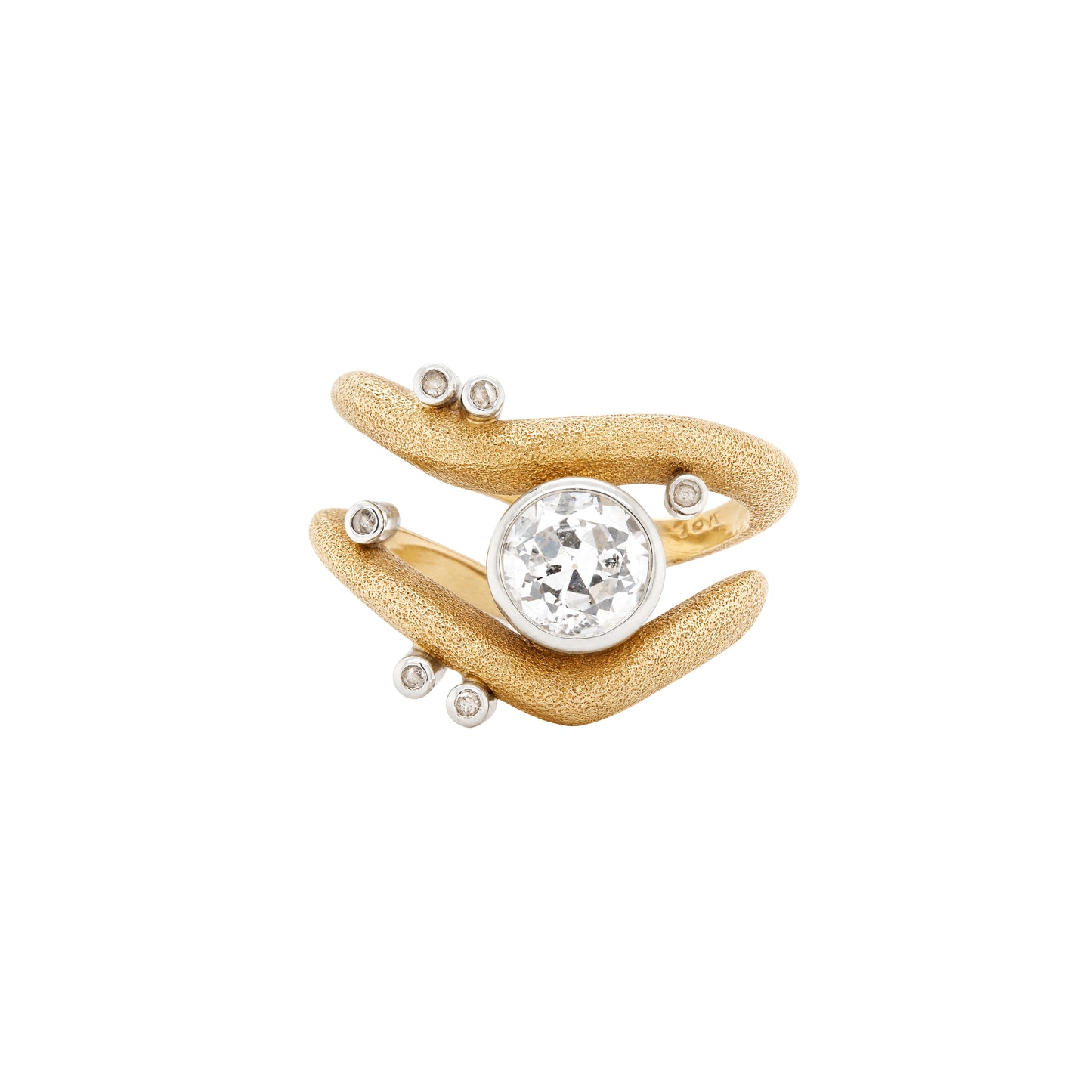 Vintage Diamond 18K Yellow & White Gold Wavy Open Work Abstract Cocktail Ring