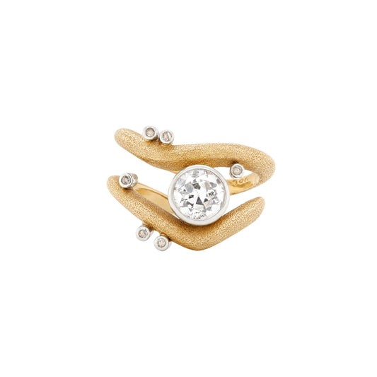 Vintage Diamond 18K Yellow & White Gold Wavy Open Work Abstract Cocktail Ring