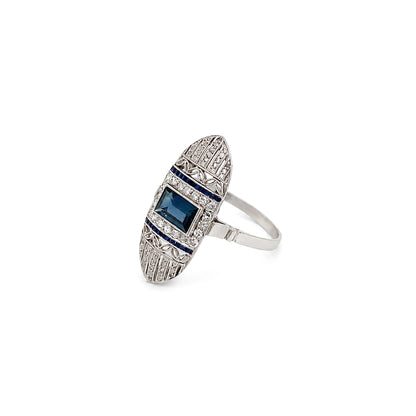 Art Deco Blue Sapphire and Diamond Open Work Cocktail Ring in Platinum, c.1920s