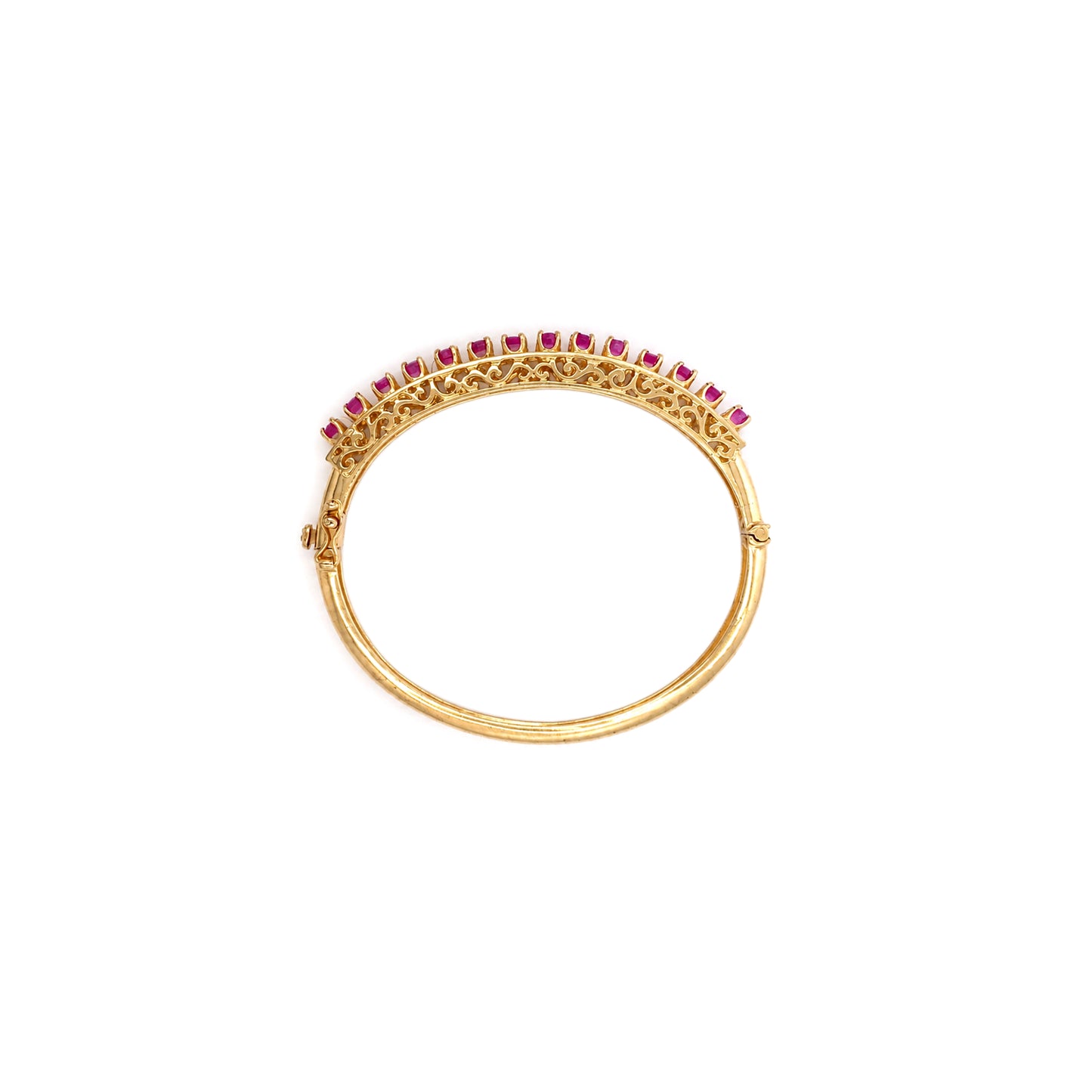 Vintage Ruby and 14 Carat Yellow Gold Open Work Hinged Bangle, circa 1980s