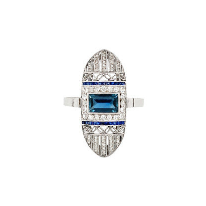 Art Deco Blue Sapphire and Diamond Open Work Cocktail Ring in Platinum, c.1920s