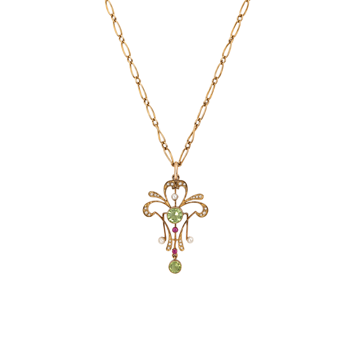 Ruby, Peridot & Seed Pearl 15K Gold Lavaliere Style Pendant and 9K Gold Chain
