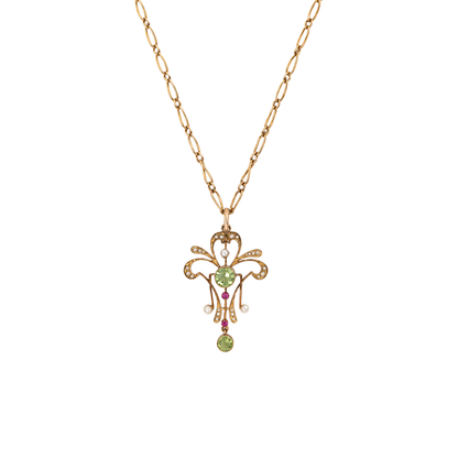 Ruby, Peridot & Seed Pearl 15K Gold Lavaliere Style Pendant and 9K Gold Chain