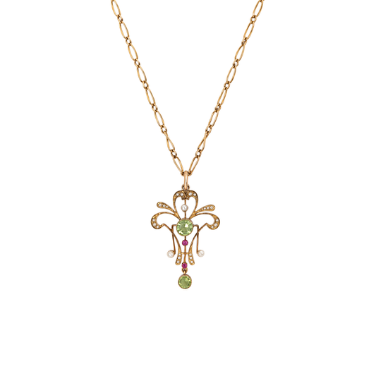 Ruby, Peridot & Seed Pearl 15K Gold Lavaliere Style Pendant and 9K Gold Chain