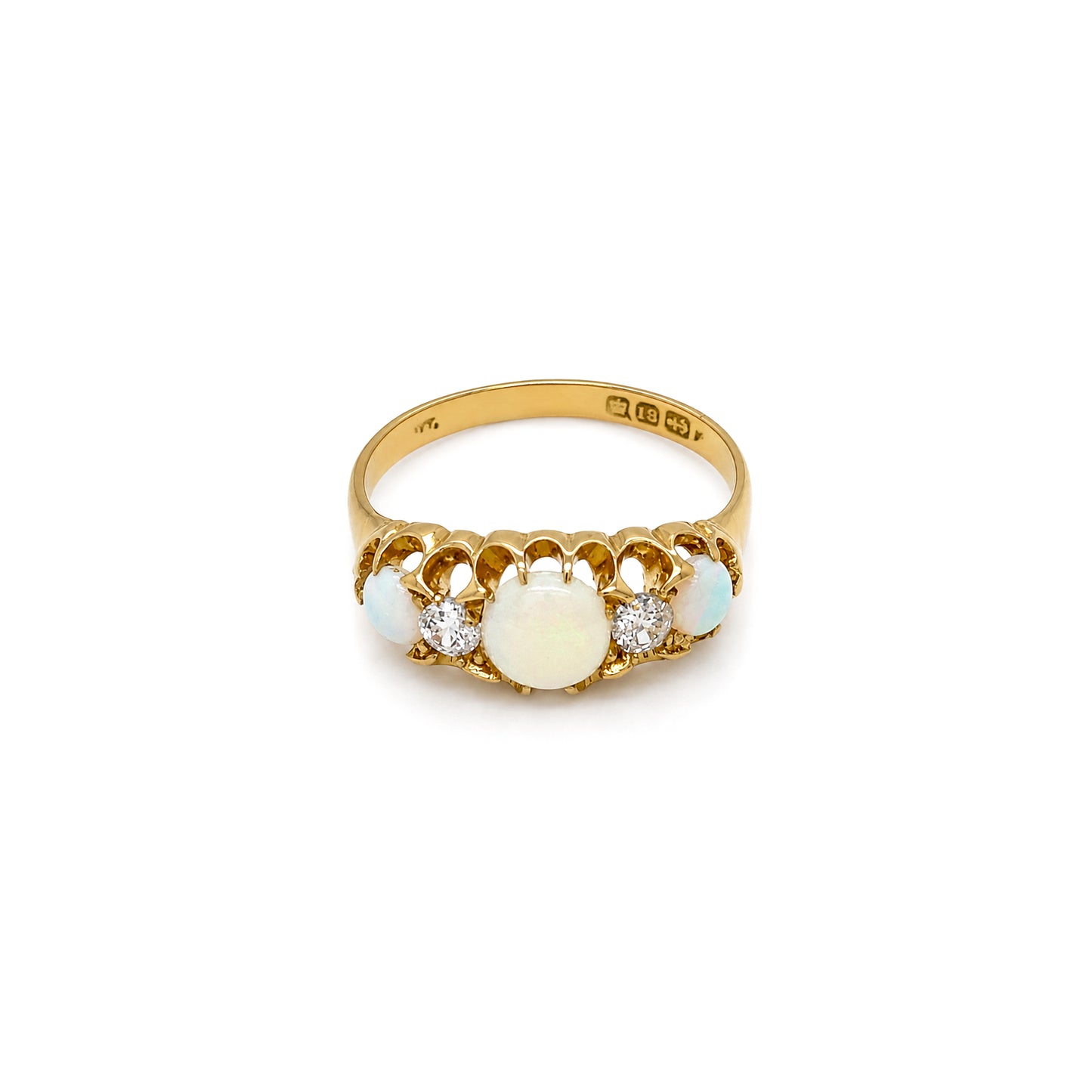 Late Victorian Opal & Old Cut Diamond 18 Carat Yellow Gold Five-Stone Ring, 1899