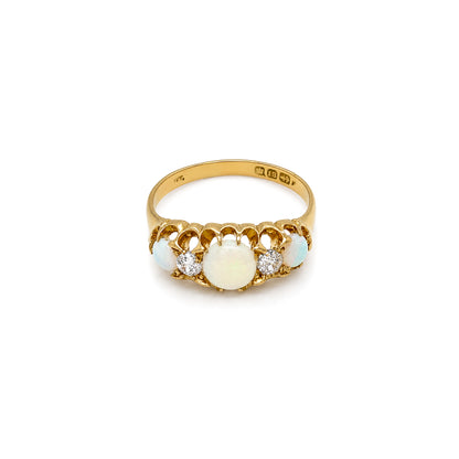 Late Victorian Opal & Old Cut Diamond 18 Carat Yellow Gold Five-Stone Ring, 1899