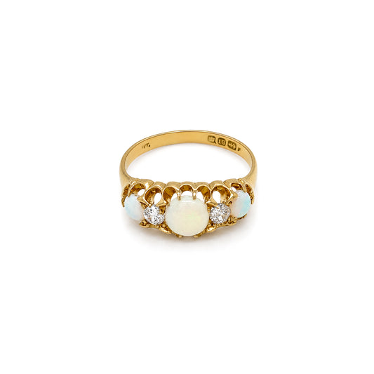 Late Victorian Opal & Old Cut Diamond 18 Carat Yellow Gold Five-Stone Ring, 1899