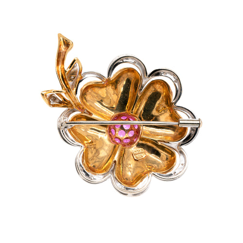 Vintage Ruby and Diamond 18 Carat White & Yellow Gold Flower Brooch