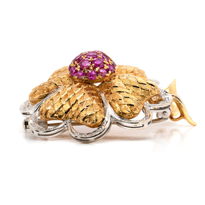 Vintage Ruby and Diamond 18 Carat White & Yellow Gold Flower Brooch
