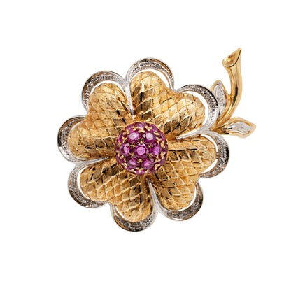 Vintage Ruby and Diamond 18 Carat White & Yellow Gold Flower Brooch