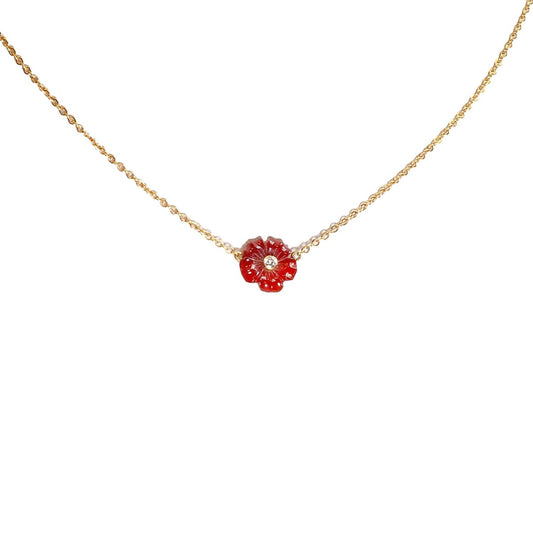 Carnelian and Diamond Flower Pendant 18ct Yellow Gold Necklace