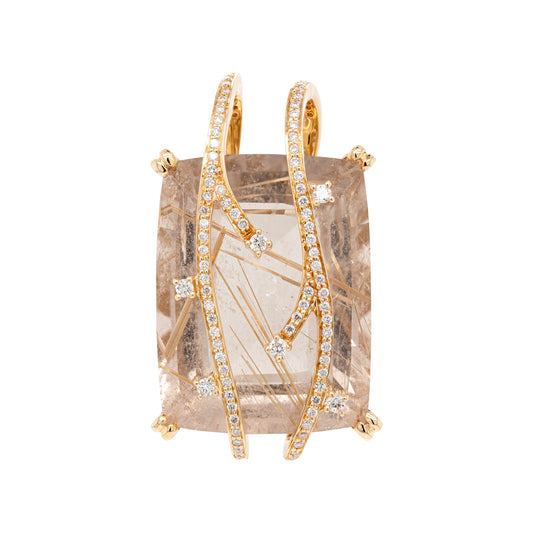 Rutilated Quartz and Diamond 18 Carat Yellow Gold Statement Pendant