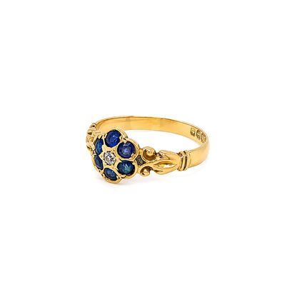 Antique George V Sapphire & Diamond Floral Cluster Ring in 18K Yellow Gold, 1918