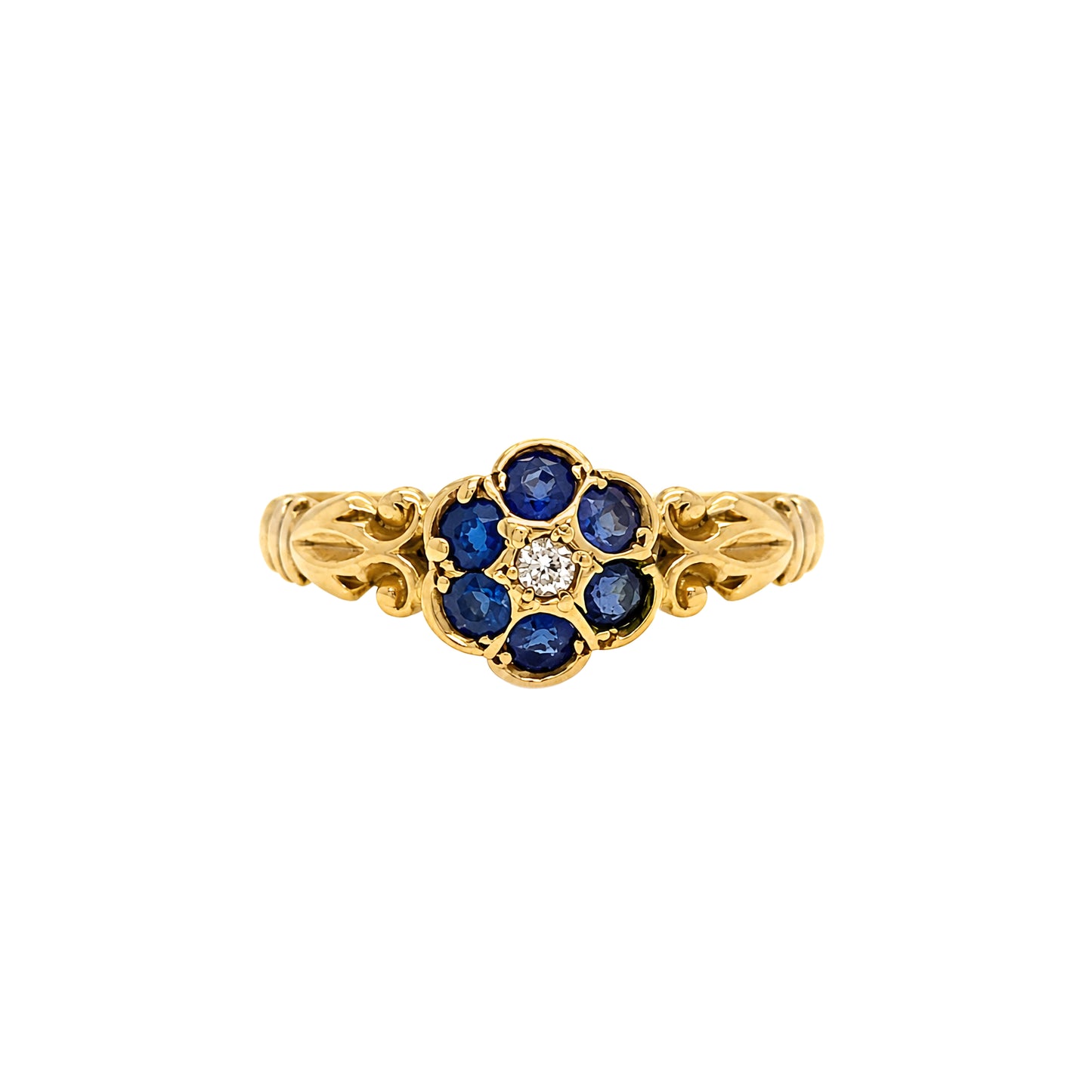 Antique George V Sapphire & Diamond Floral Cluster Ring in 18K Yellow Gold, 1918