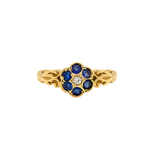 Antique George V Sapphire & Diamond Floral Cluster Ring in 18K Yellow Gold, 1918