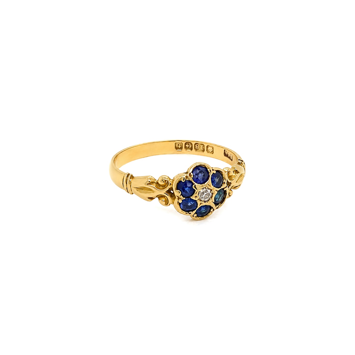Antique George V Sapphire & Diamond Floral Cluster Ring in 18K Yellow Gold, 1918