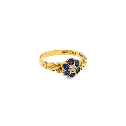 Antique George V Sapphire & Diamond Floral Cluster Ring in 18K Yellow Gold, 1918
